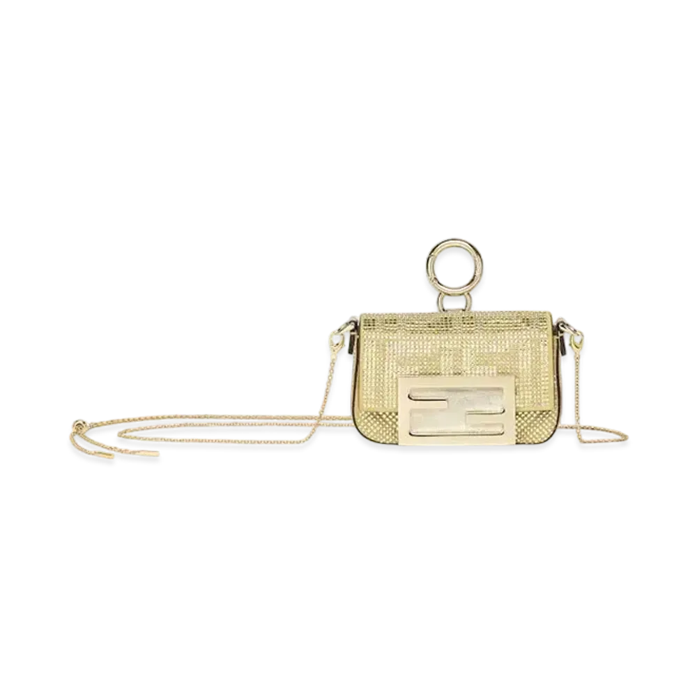 FENDI Nano Baguette Suede Charm with FF in Crystals and Studs "Gold"