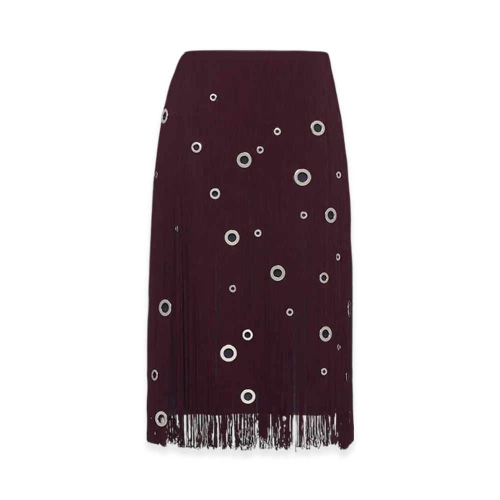 PRADA Women's Midi-Skirt Fringe Grommet Embellishment "Dark Red"