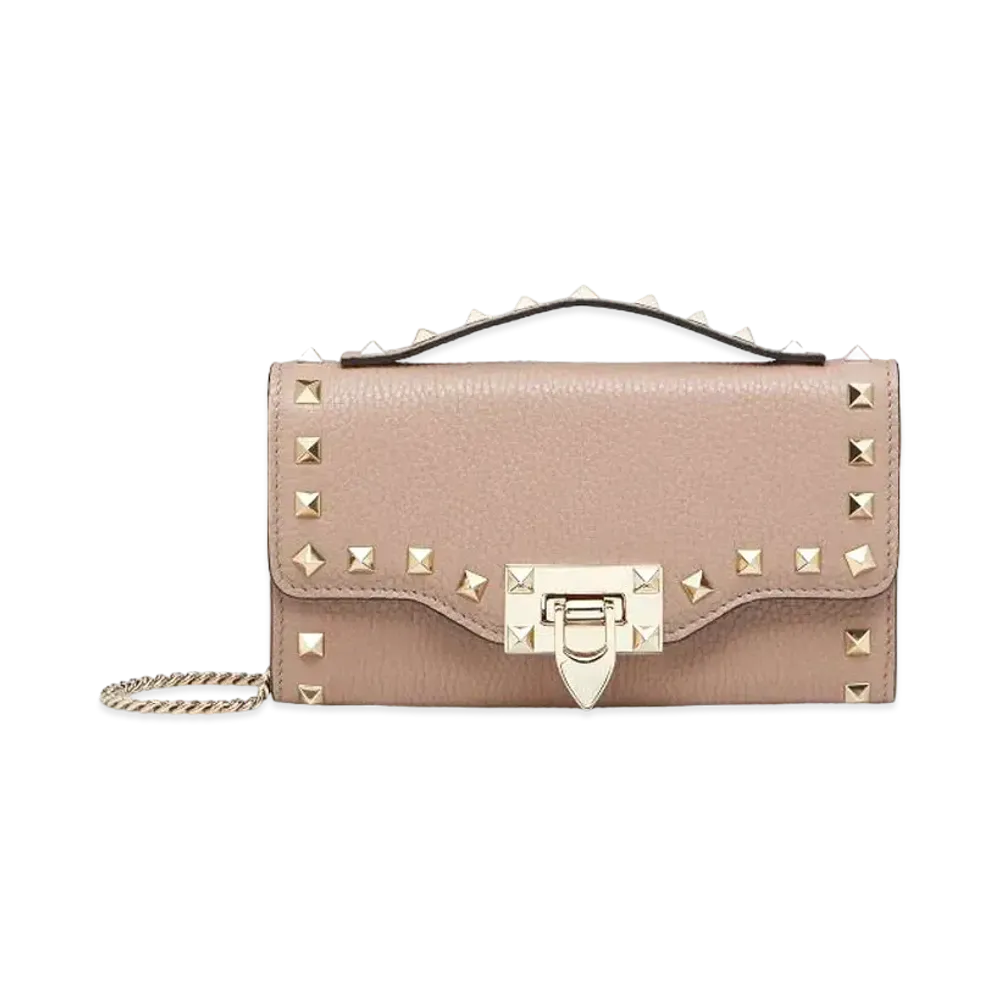 Valentino Rockstud Grainy Calfskin Wallet With Chain Strap "Poudre"