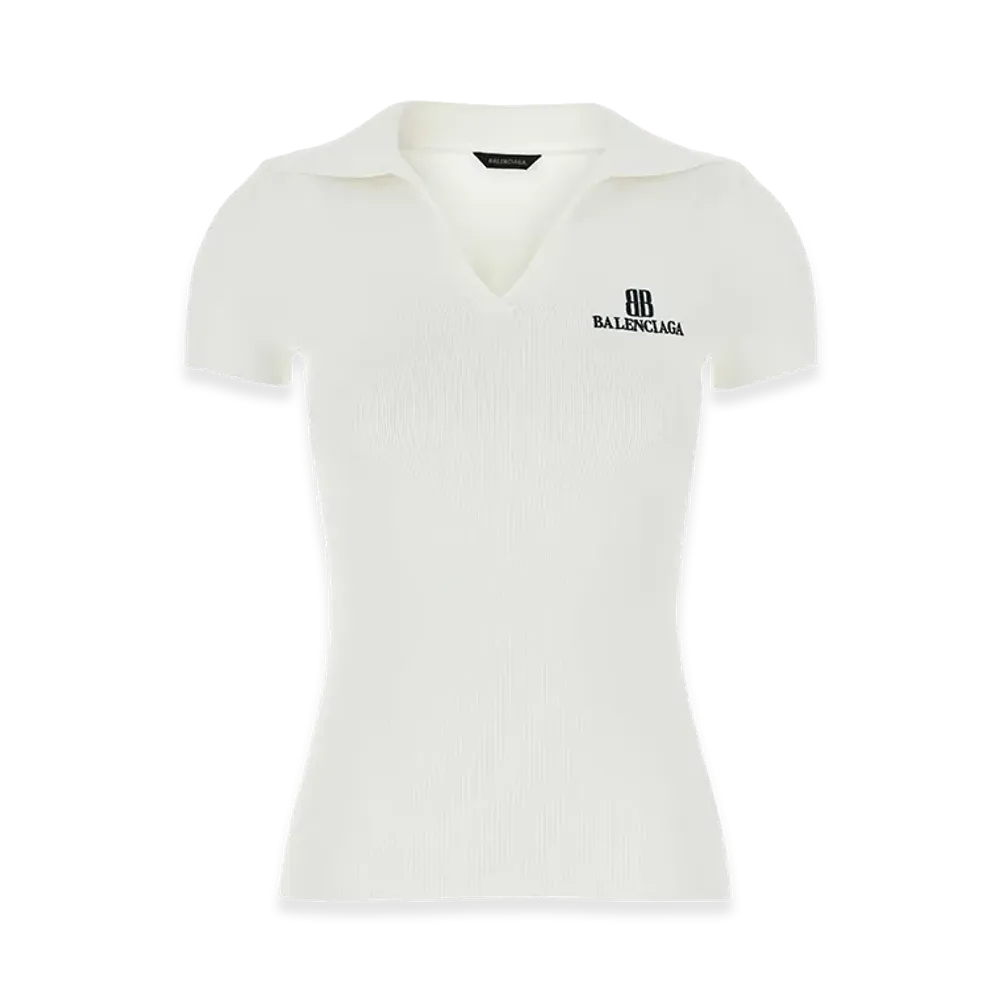 BALENCIAGA Women's Ribbed V-Neck Short-Sleeved Polo Shirt "White/Black"