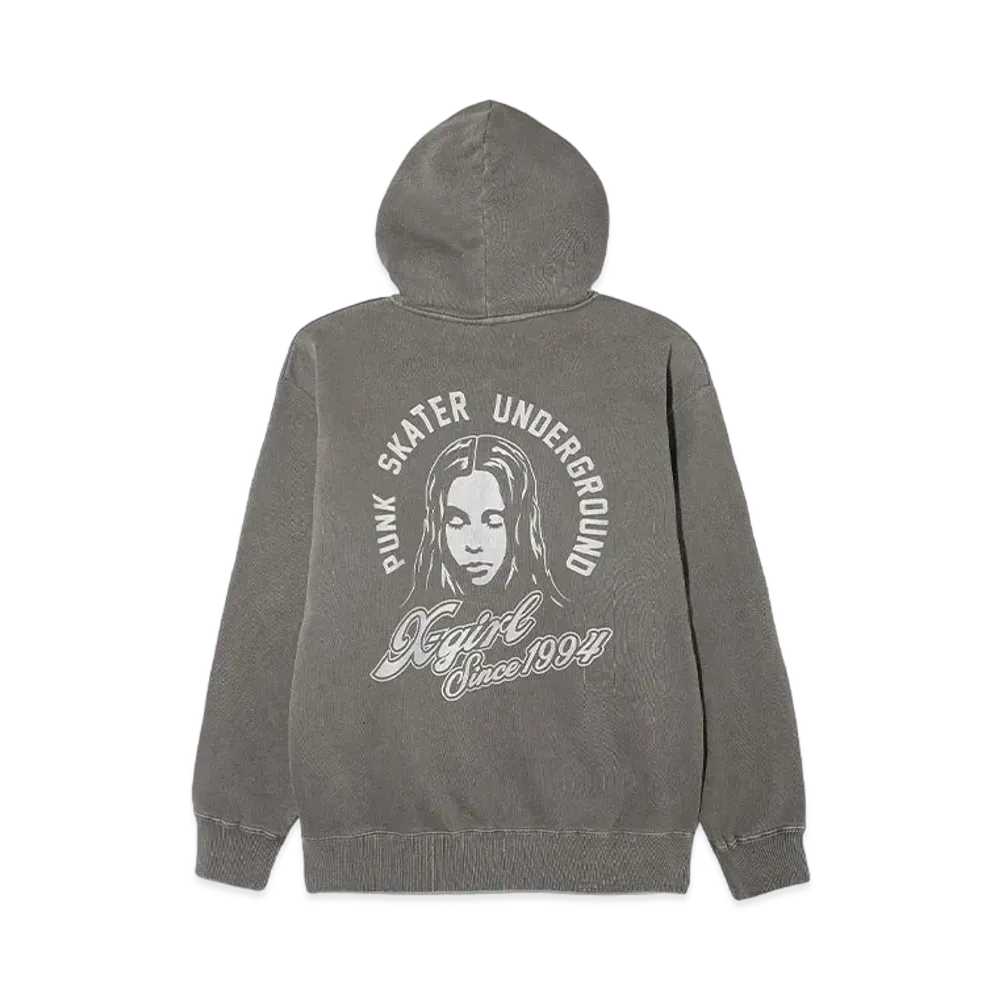 X-Girl Face & Cursive Logo Zip Up Sweat Hoodie "Black"