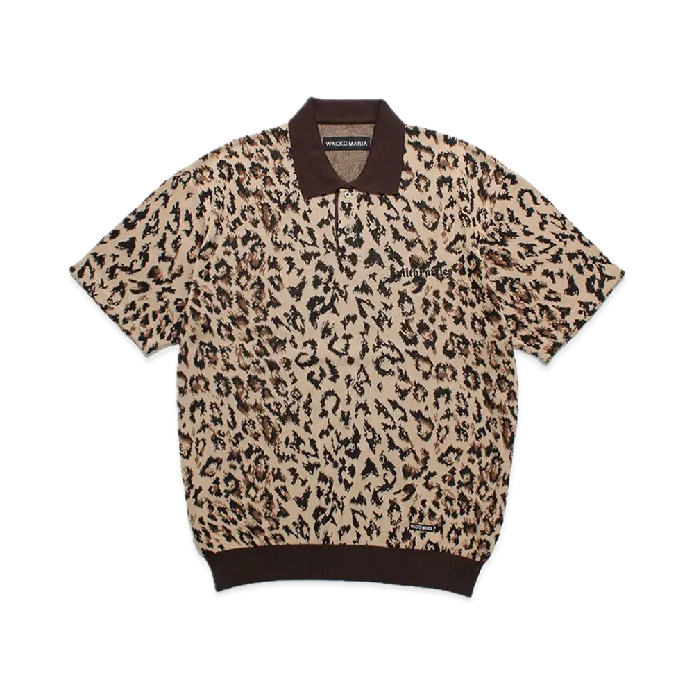 WACKO MARIA Leopard Jacquard Knit Polo Shirt "Beige"