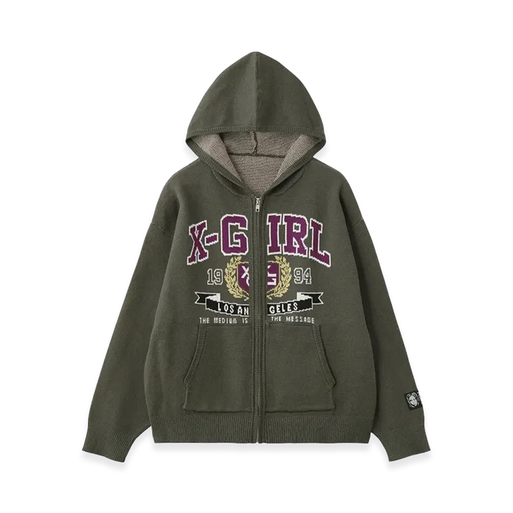 X-Girl Women's College Logo Jacquard Zip Up Knit Hoodie "Olive"
