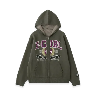 X-Girl Women's College Logo Jacquard Zip Up Knit Hoodie "Olive"