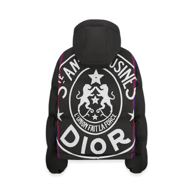 Dior Women's Dioralps Hooded Puffer Jacket Quilted Technical Taffeta L'union Fait La Force Motif "Black/White"