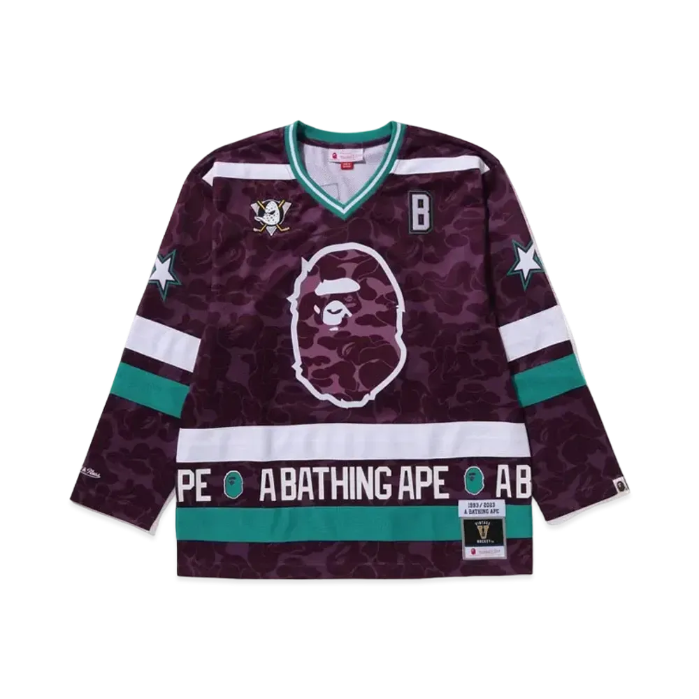 A BATHING APE x Mitchell & Ness x NHL Anaheim Ducks Mesh Hockey Jersey L/S Tee "Purple"
