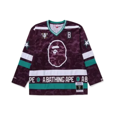 A BATHING APE x Mitchell & Ness x NHL Anaheim Ducks Mesh Hockey Jersey L/S Tee "Purple"