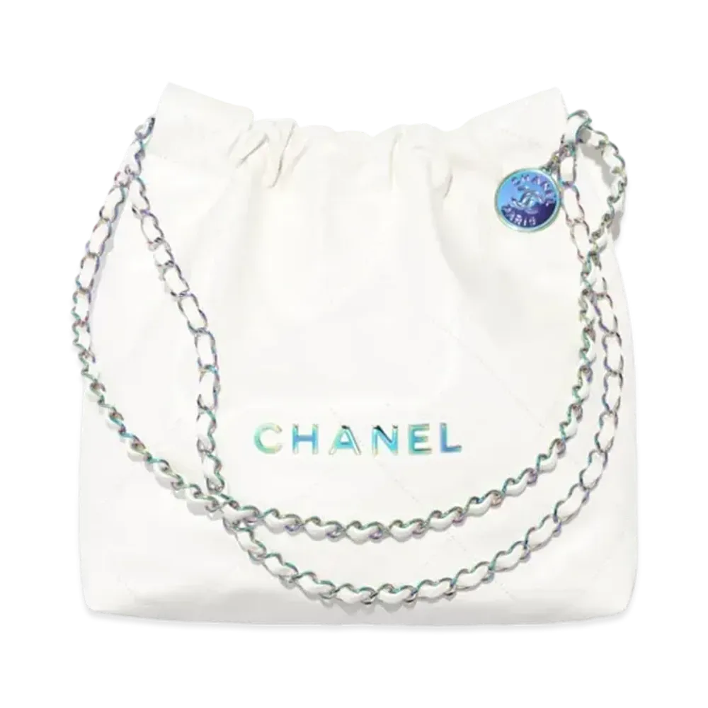 CHANEL 22 Small Handbag Shiny Calfskin & Rainbow Metal "White"