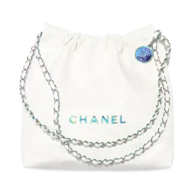 CHANEL 22 Small Handbag Shiny Calfskin & Rainbow Metal "White"