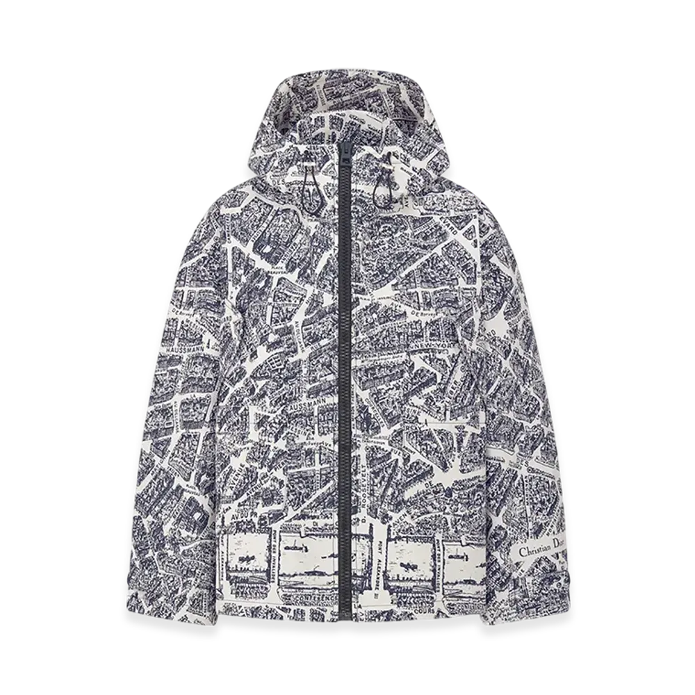 Dior Women's Hooded Anorak Technical Taffeta Jacquard Plan Paris Motif "White/Navy Blue"