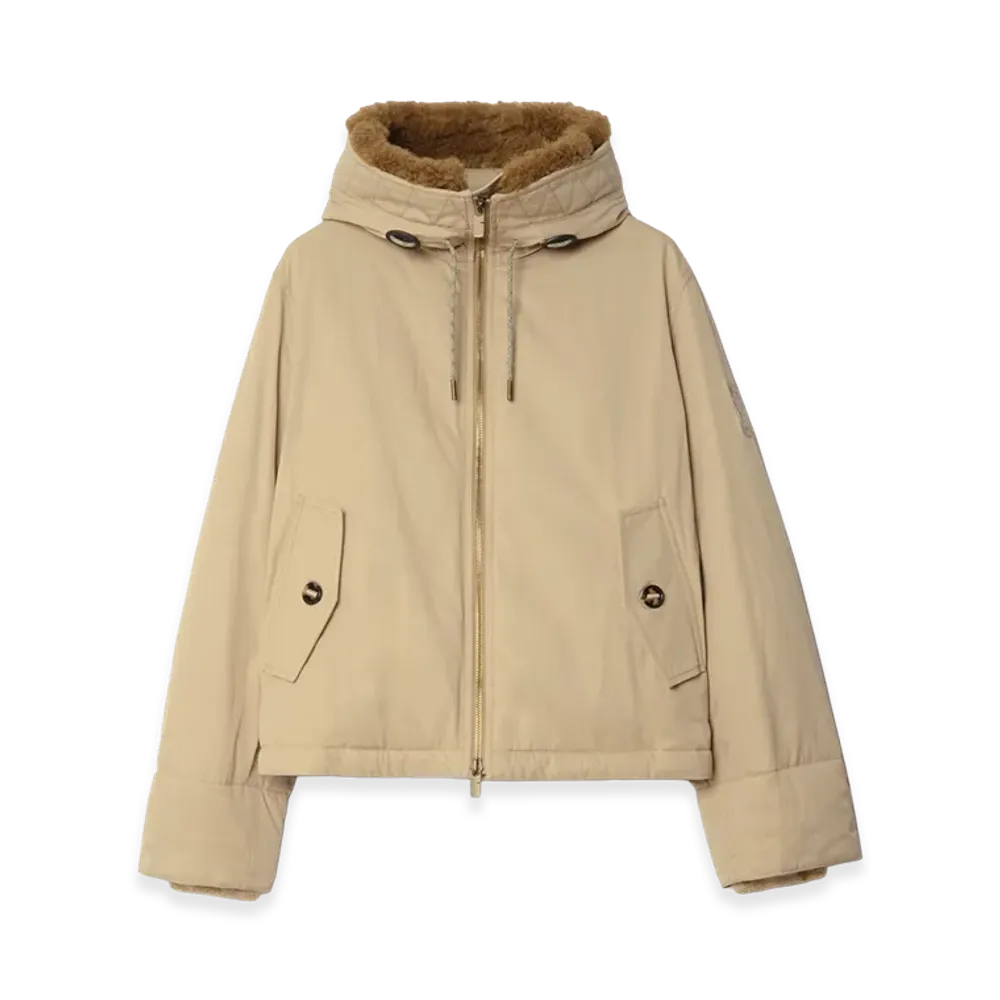 Burberry Shearling Trim Gabardine Hooded Jacket "Hamper Beige"