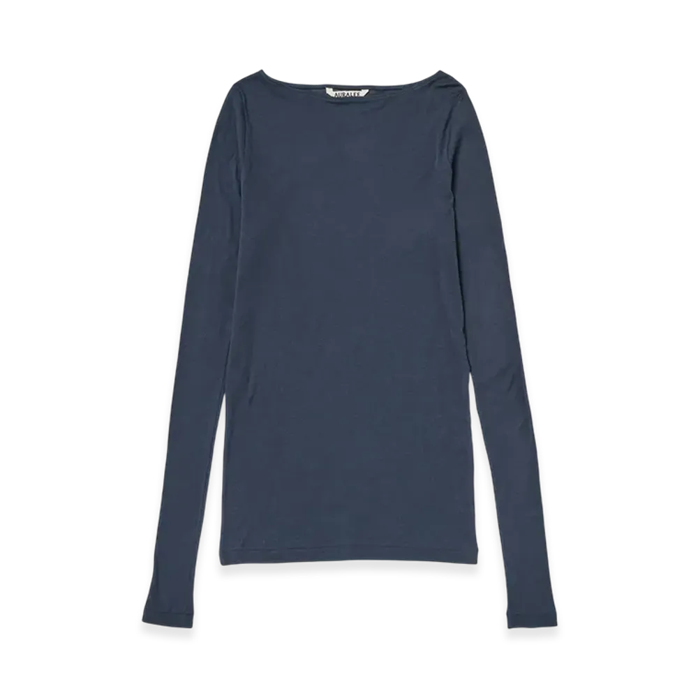 AURALEE Women's Super High Gauge Sheer Rib Boat Neck L/S Tee "Navy"