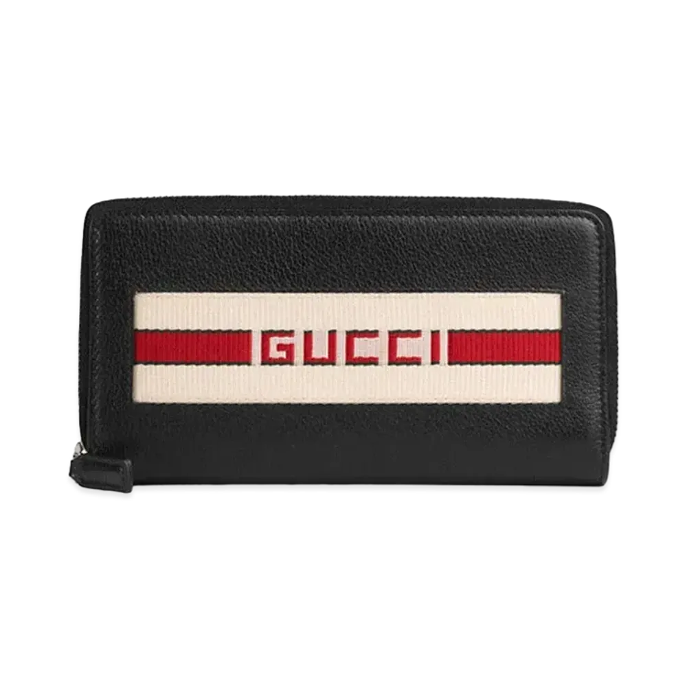 GUCCI Logo Stripe Leather Zip Around Wallet ”Black”