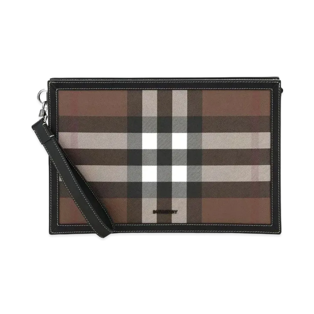 Burberry Check & Leather Zip Pouch "Dark Barch Brown"