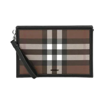 Burberry Check & Leather Zip Pouch "Dark Barch Brown"