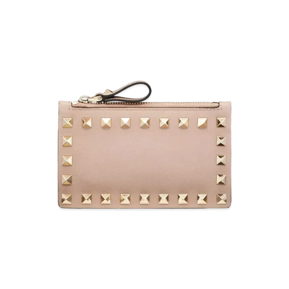 Valentino Rockstud Calfskin Cardholder With Zipper "Poudre"