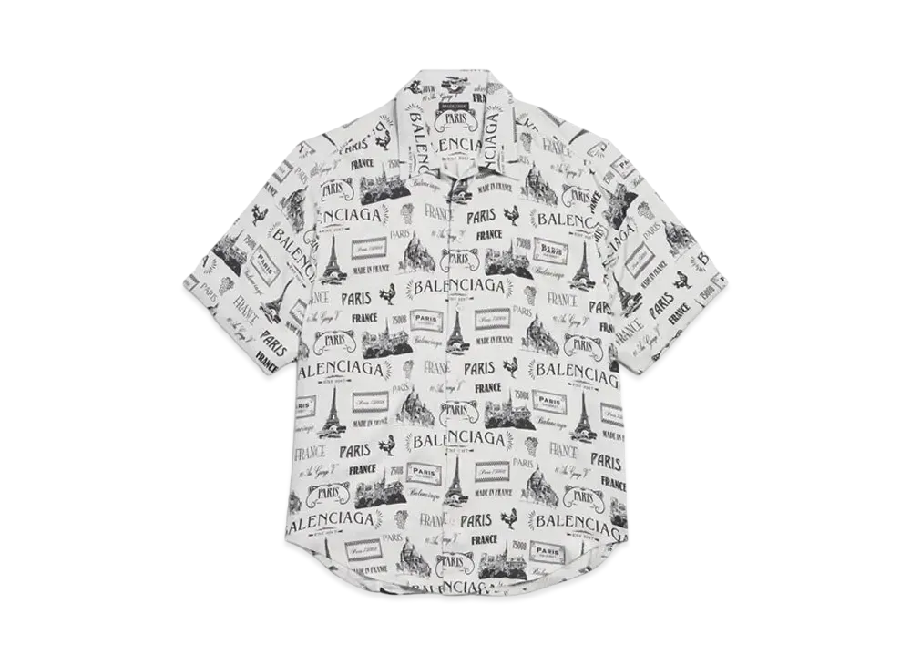 BALENCIAGA Paris Resto Short Sleeve Minimal Shirt in Viscose Poplin "Gray/Black"