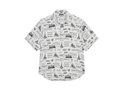 BALENCIAGA Paris Resto Short Sleeve Minimal Shirt in Viscose Poplin "Gray/Black"