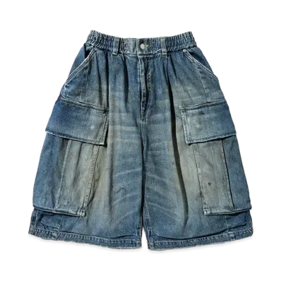 CLESSTE Vintage Dyed Selvedge Denim City Mega Pocket Balloon Cargo Half Pants "Vintage Light Indigo"