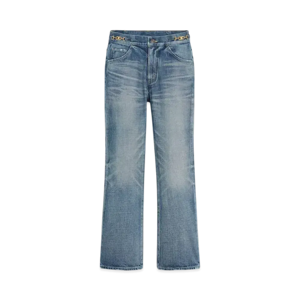 CELINE Women's Dylan Flared Jeans with Signature in Union Wash Denim "Union Wash"