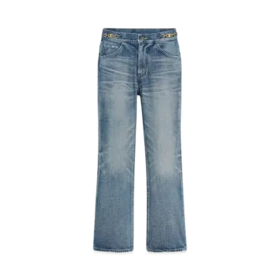 CELINE Women's Dylan Flared Jeans with Signature in Union Wash Denim "Union Wash"