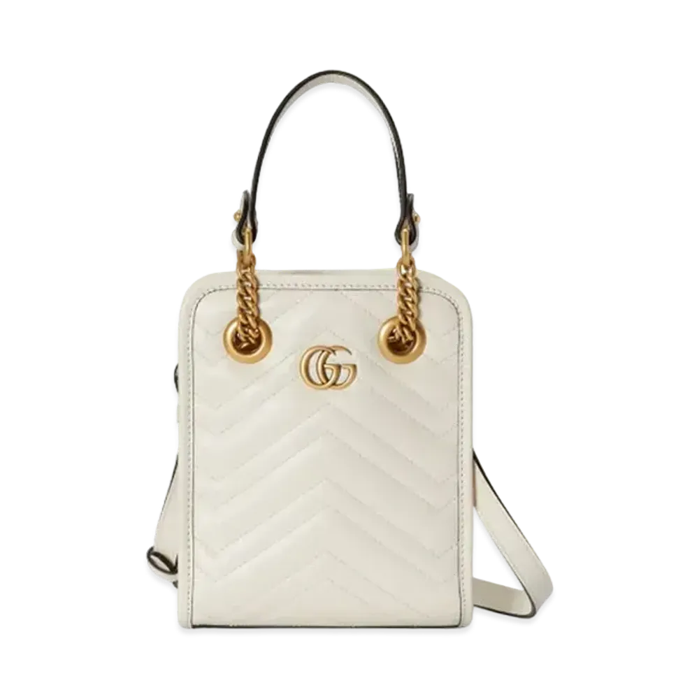 GUCCI GG Marmont Quilting Mini Bag "White Chevron Quilting Leather"