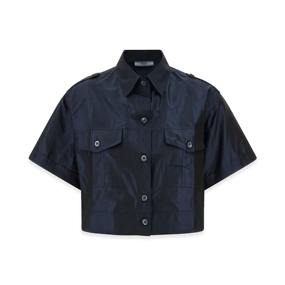 PRADA Women's Cropped Taffeta Short Sleeve Shirt "Blue"