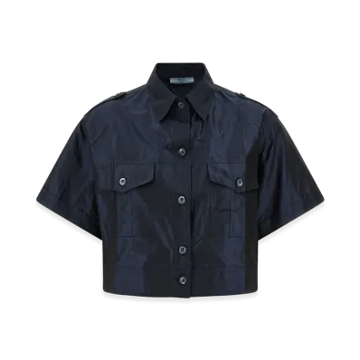 PRADA Women's Cropped Taffeta Short Sleeve Shirt "Blue"