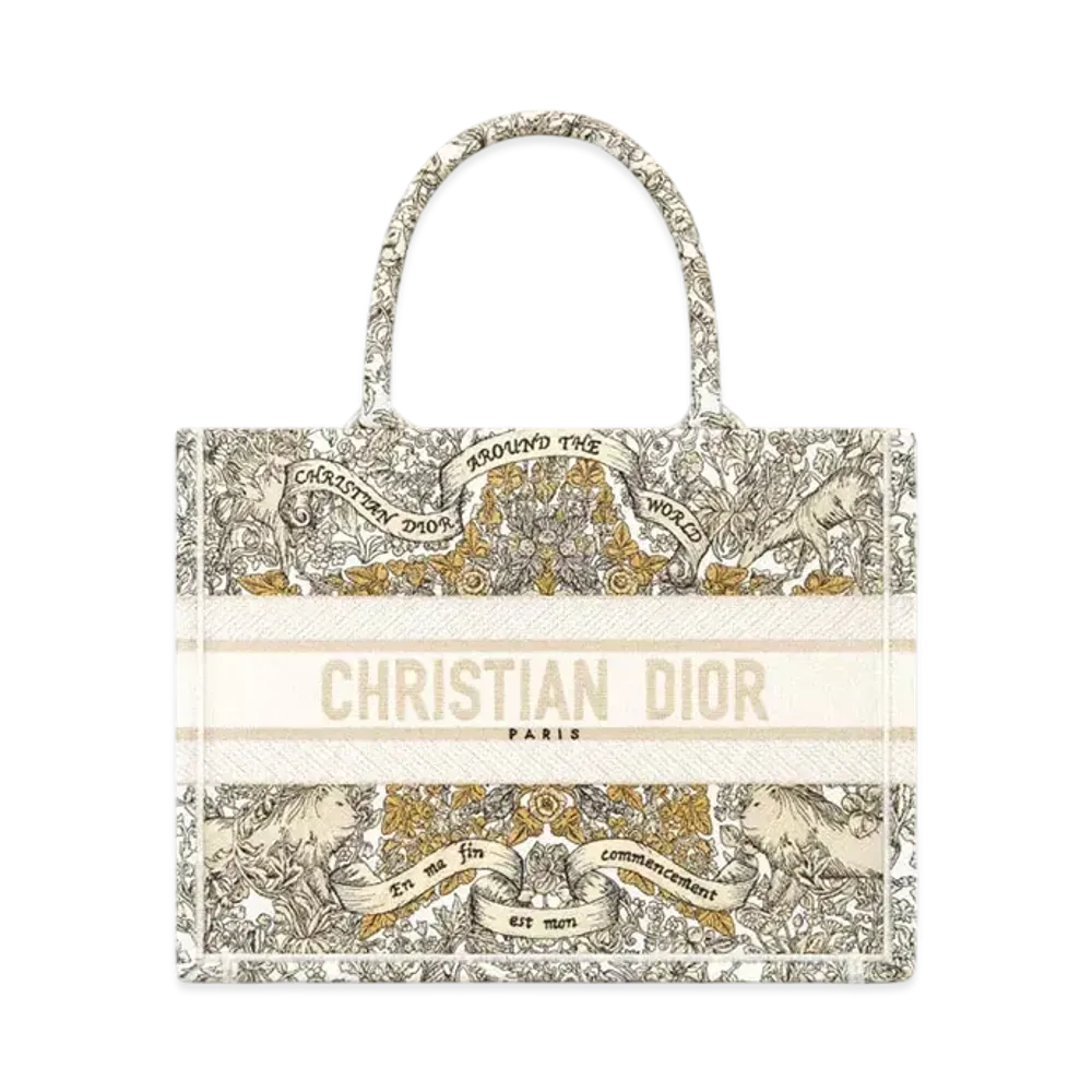 Dior Medium Dior Book Tote Embroidery with Dior Around the World Motif (36 x 27.5 x 16.5 cm) "Latte/Gold"