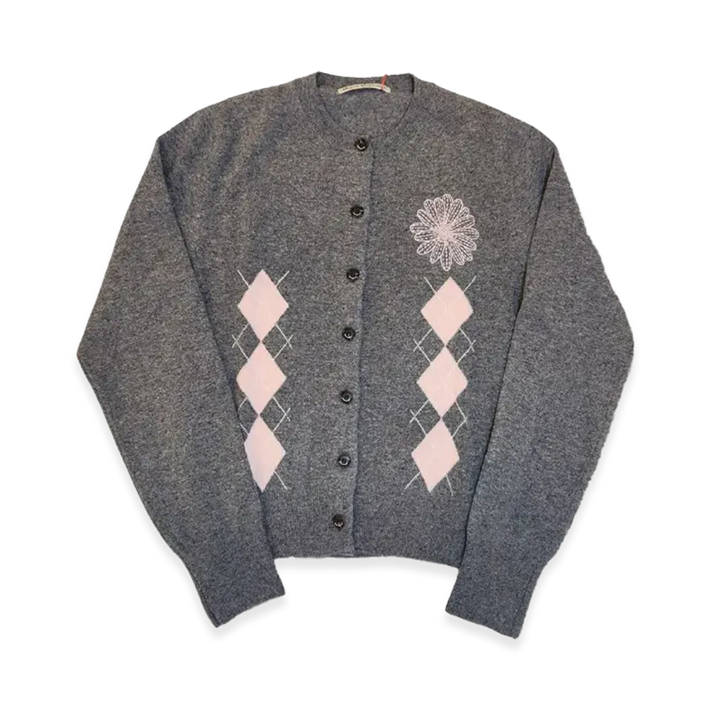 Mardi Mercredi Cashmere Blended Cardigan Round Neck Argyle "Deepgrey Pink"