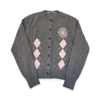 Mardi Mercredi Cashmere Blended Cardigan Round Neck Argyle "Deepgrey Pink"