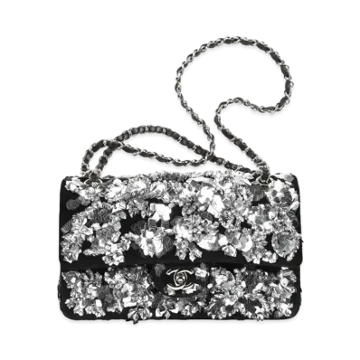 CHANEL Classic Handbags Embroidery Velvet & Sequin "Black&Silver"