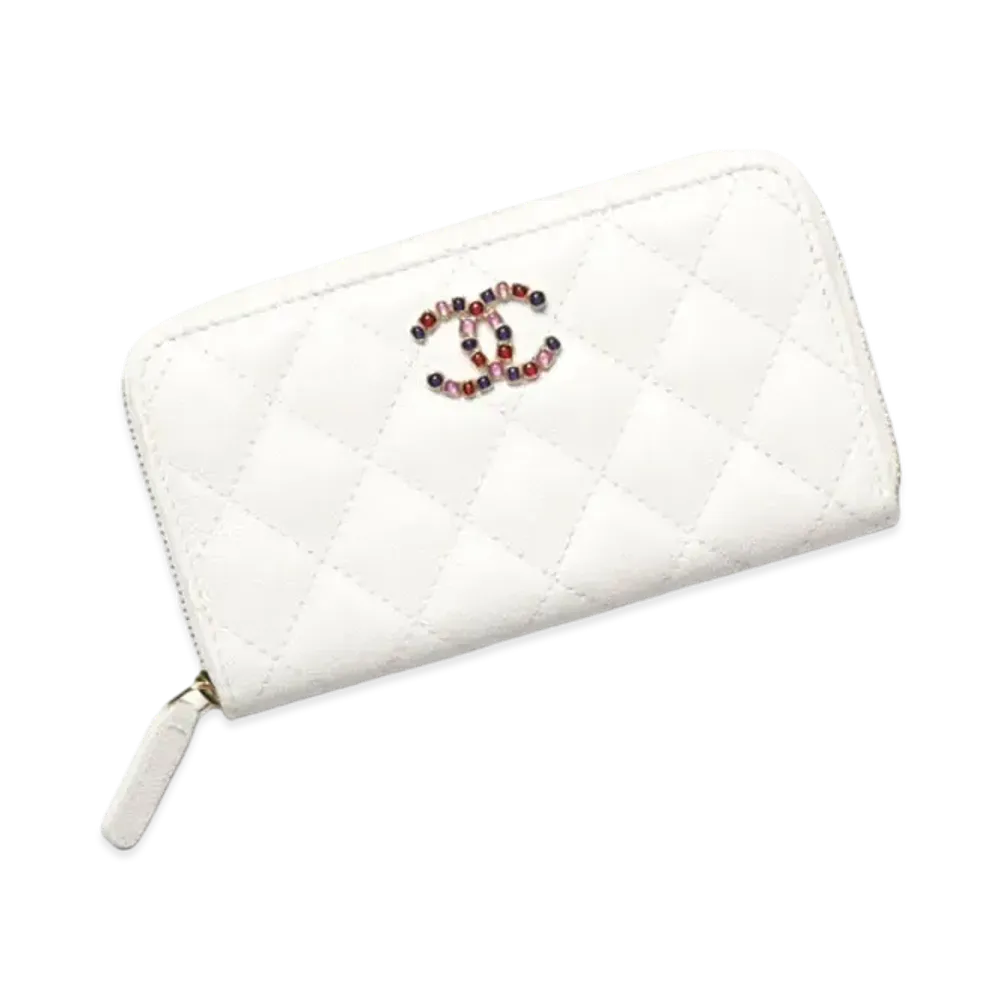 CHANEL Zipped Wallet Shiny Grained Calfskin Enamel Gold Tone Metal "White"