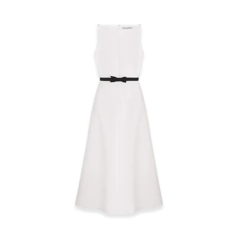 Dior Women's Wool and Silk Shantung Belted Mid Length Dress "White"
