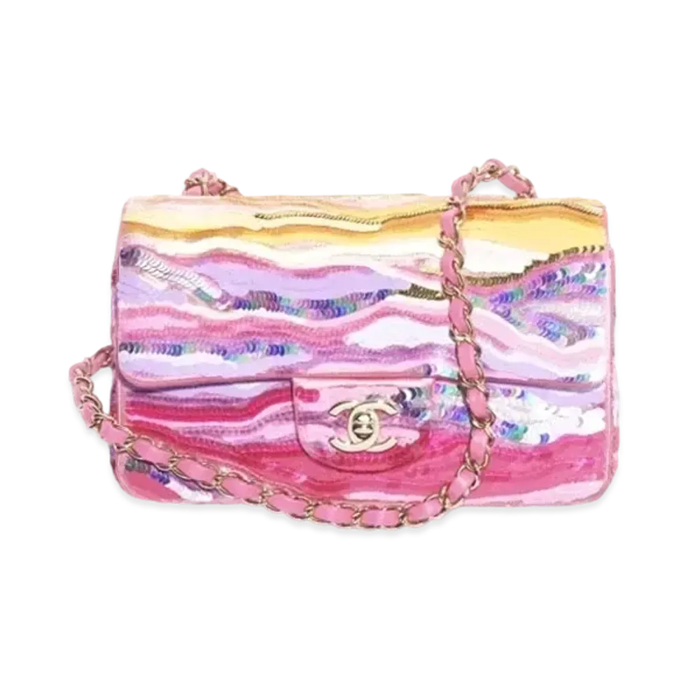 CHANEL Mini Flap Bag Embroidered Satin Sequins & Gold Tone Metal "Yellow/Purple/Pink"