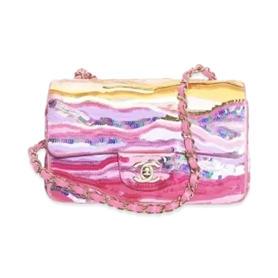 CHANEL Mini Flap Bag Embroidered Satin Sequins & Gold Tone Metal "Yellow/Purple/Pink"