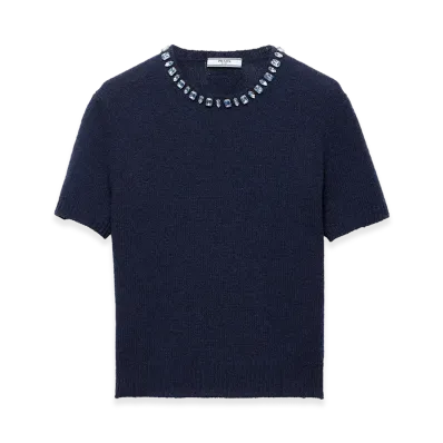 PRADA Women's Wool And Cashmere Crewneck Sweater With Jewel Details "Blue"