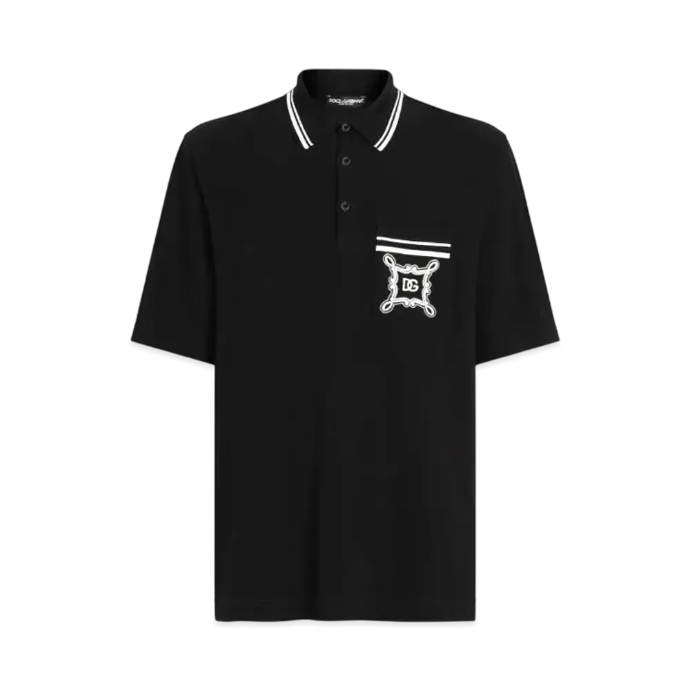 DOLCE&GABBANA Cotton Polo-Shirt With Bandanna-Print Details "Black"