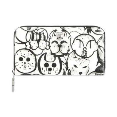 GIVENCHY 4G Long Zipped Wallet In Leather With Tag Effect Prints "White/Black"