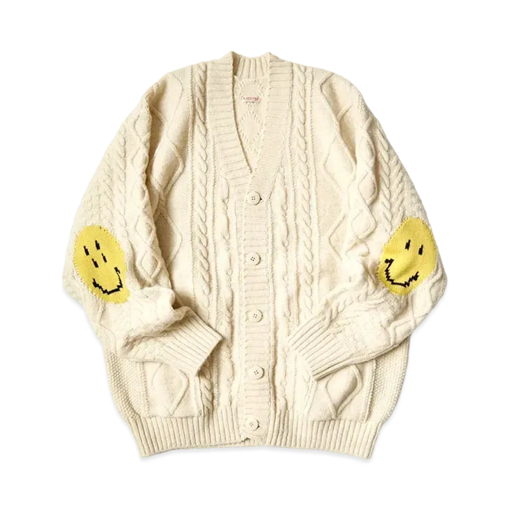 KAPITAL 5G WOOL CABLE KNITTING HAPPY PATCH CARDIGAN "Quinity"