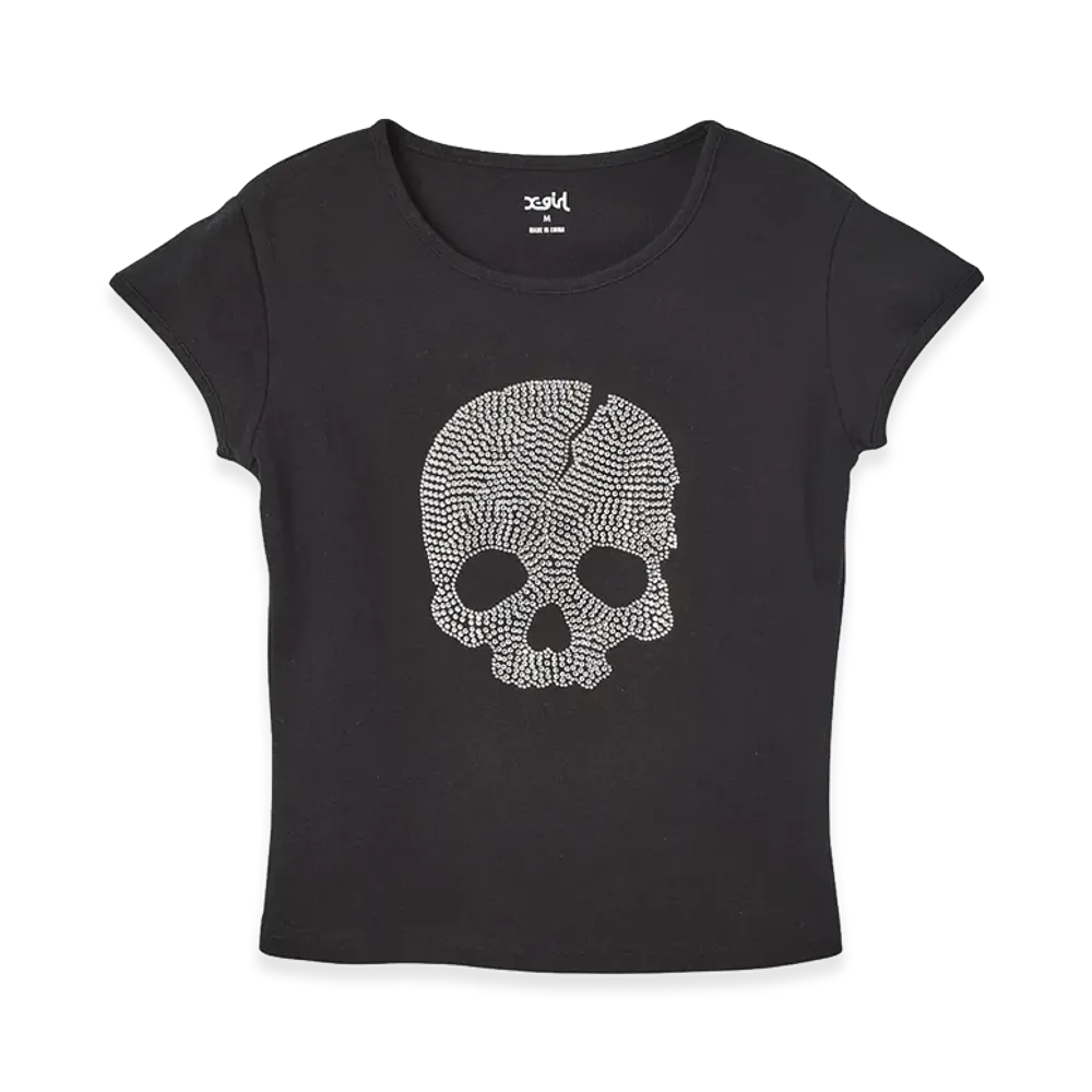 X-Girl Women's Rhinestone Skull S/S Baby Tee "Black"