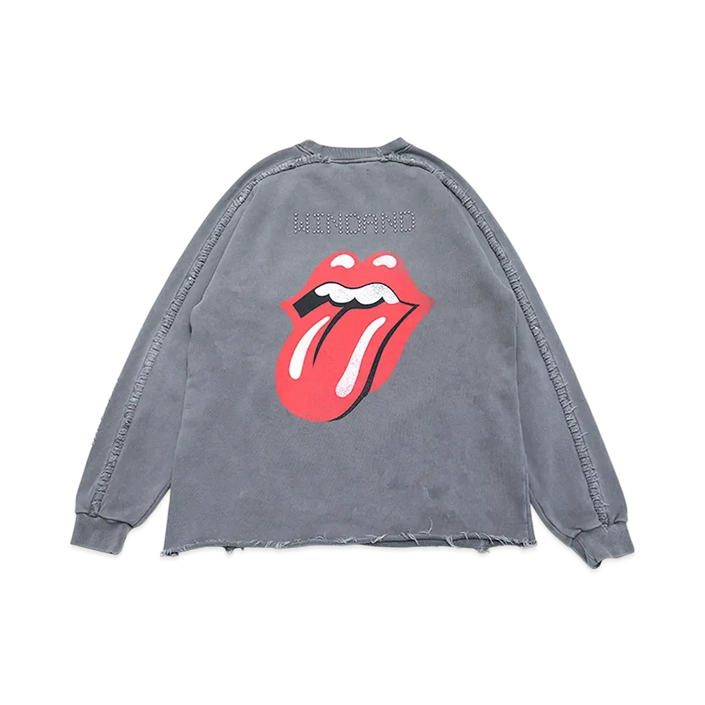 WIND AND SEA x The Rolling Stones Studs And Rhine Stones Crewneck Sweatshirt "Chacoal"