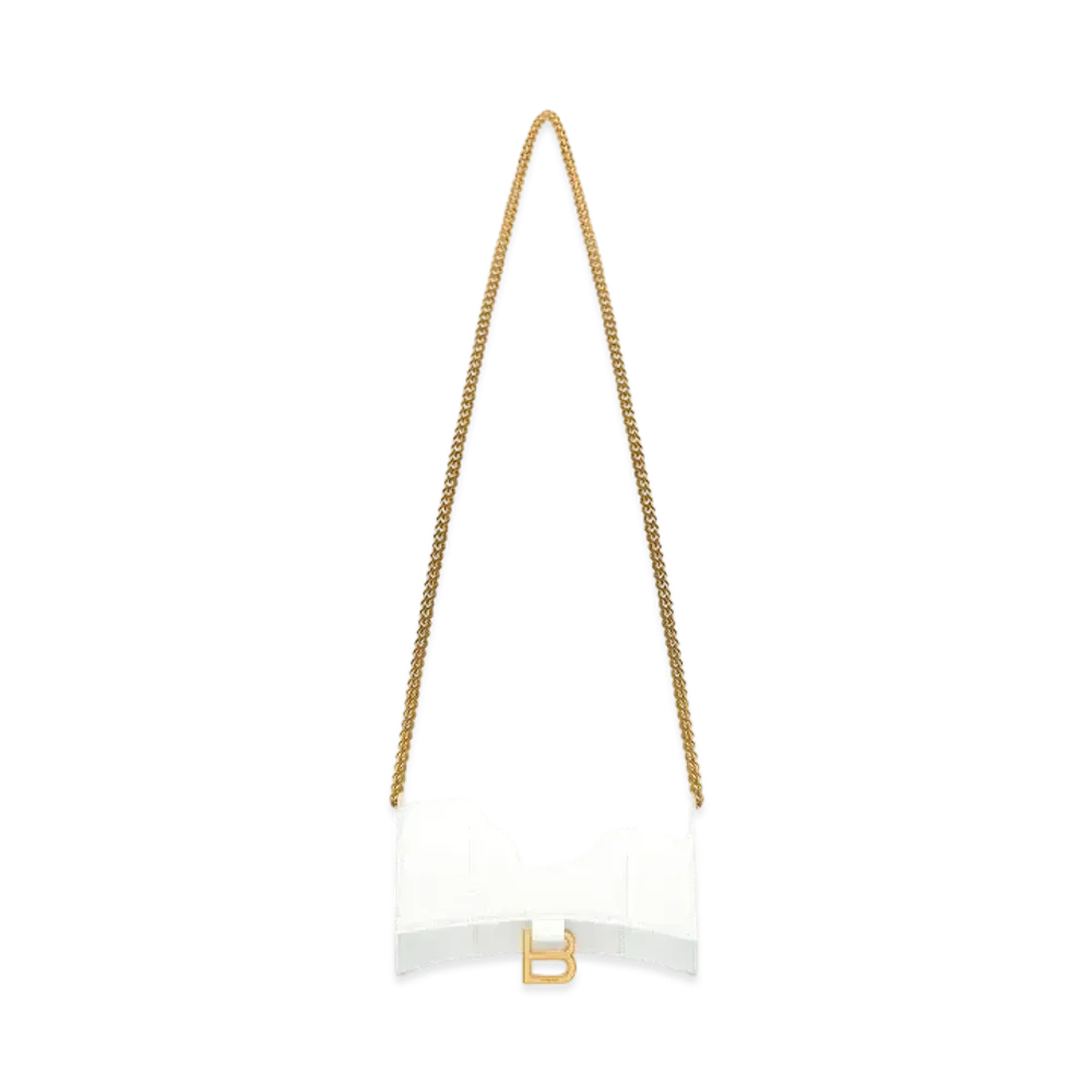 BALENCIAGA Hourglass Wallet With Chain In Shiny Box Calfskin "White"