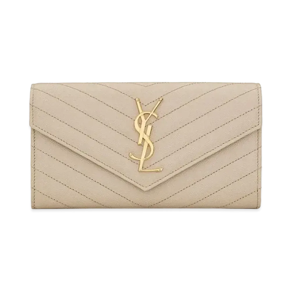 Saint Laurent Monogram Large Flap Wallet In Grain De Poudre Embossed Leather "Vintage White"