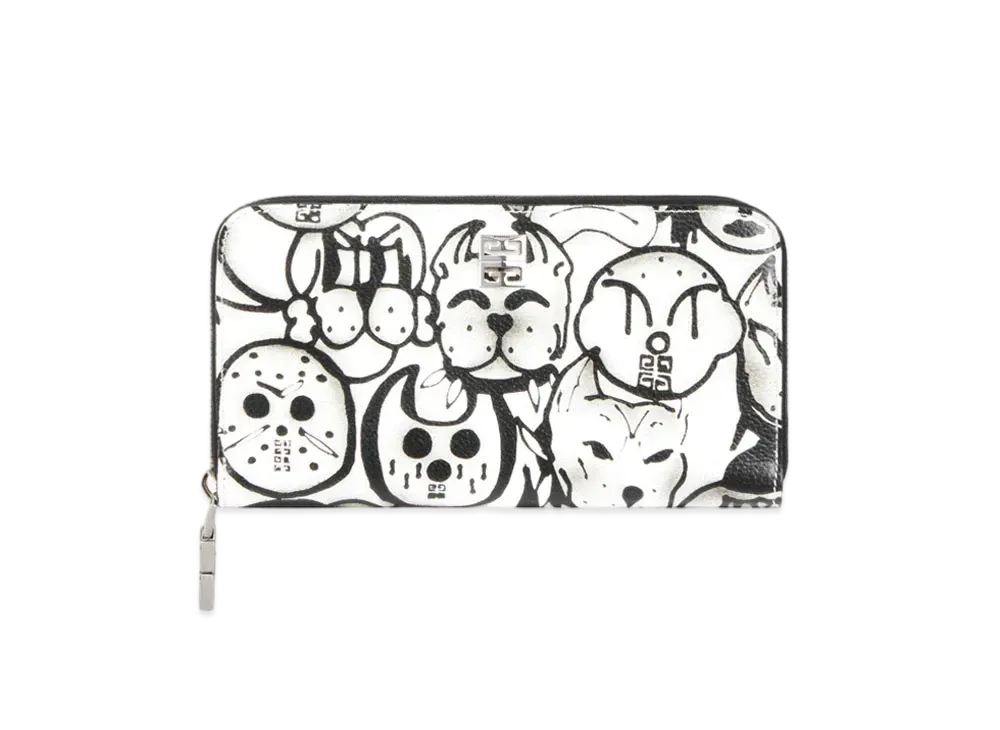 GIVENCHY 4G Long Zipped Wallet In Leather With Tag Effect Prints "White/Black"