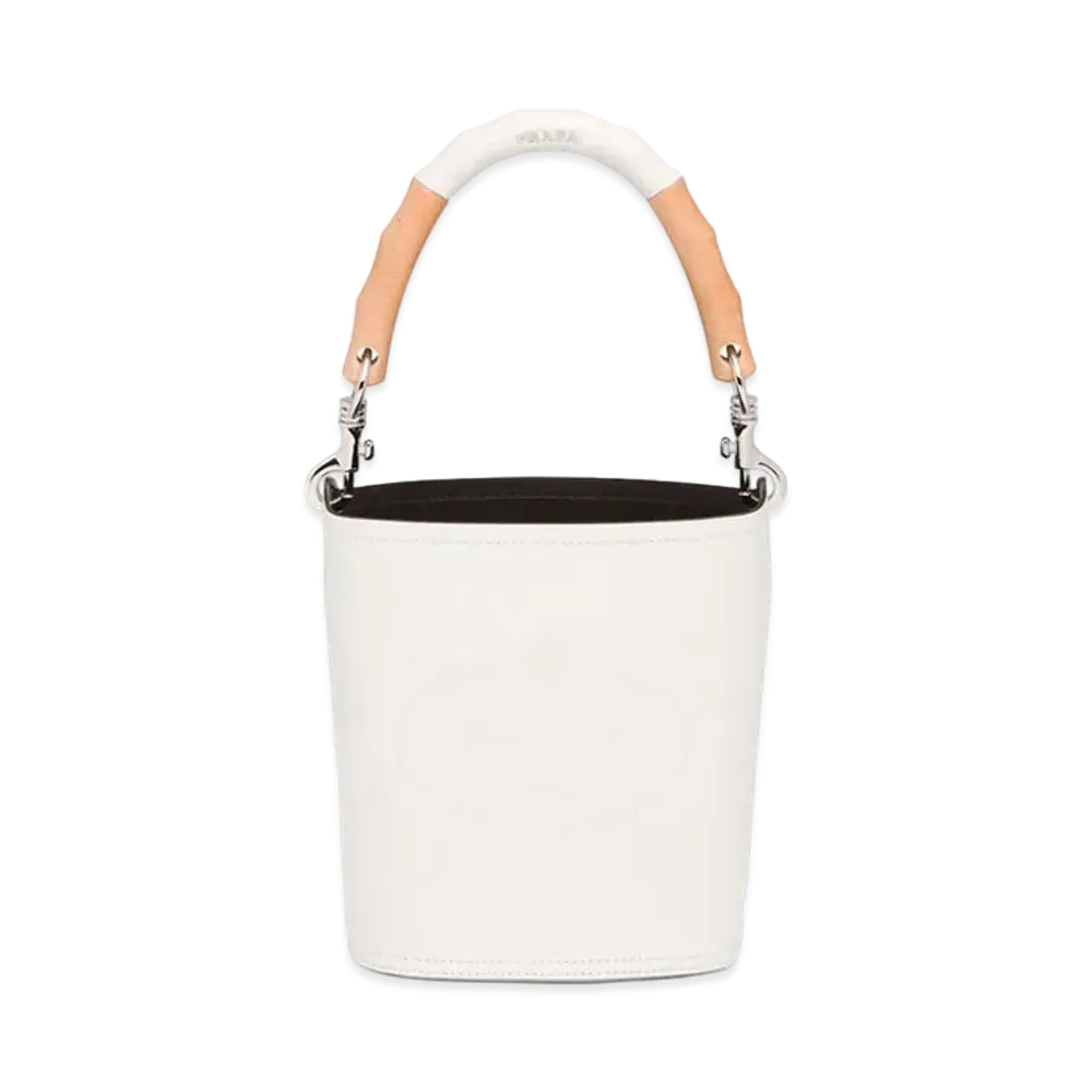 PRADA Tambour Wood Handle Leather Bucket Bag "White/Black"