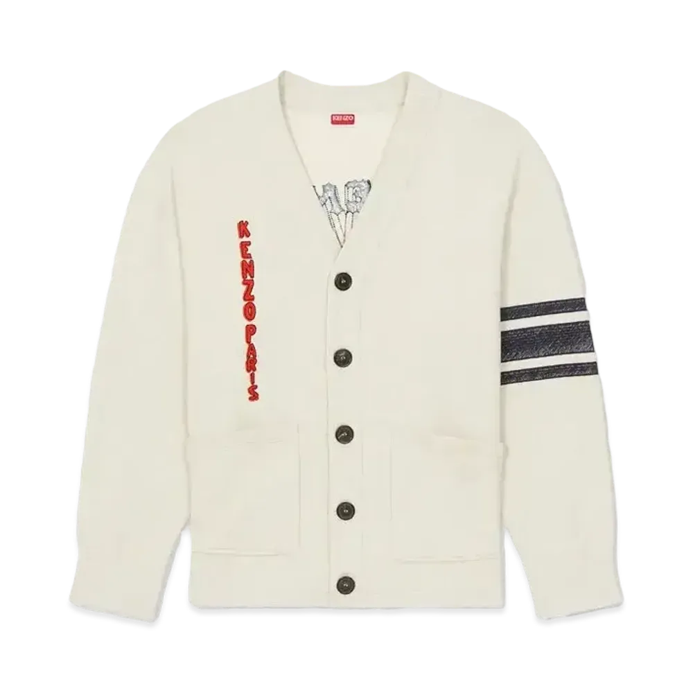 KENZO 'DRAWN VARSITY' Super Oversize Embroidery Cardigan "Pale Grey"