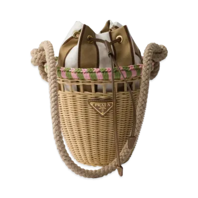 PRADA Wicker Mini Bucket Bag "Beige/Pink"