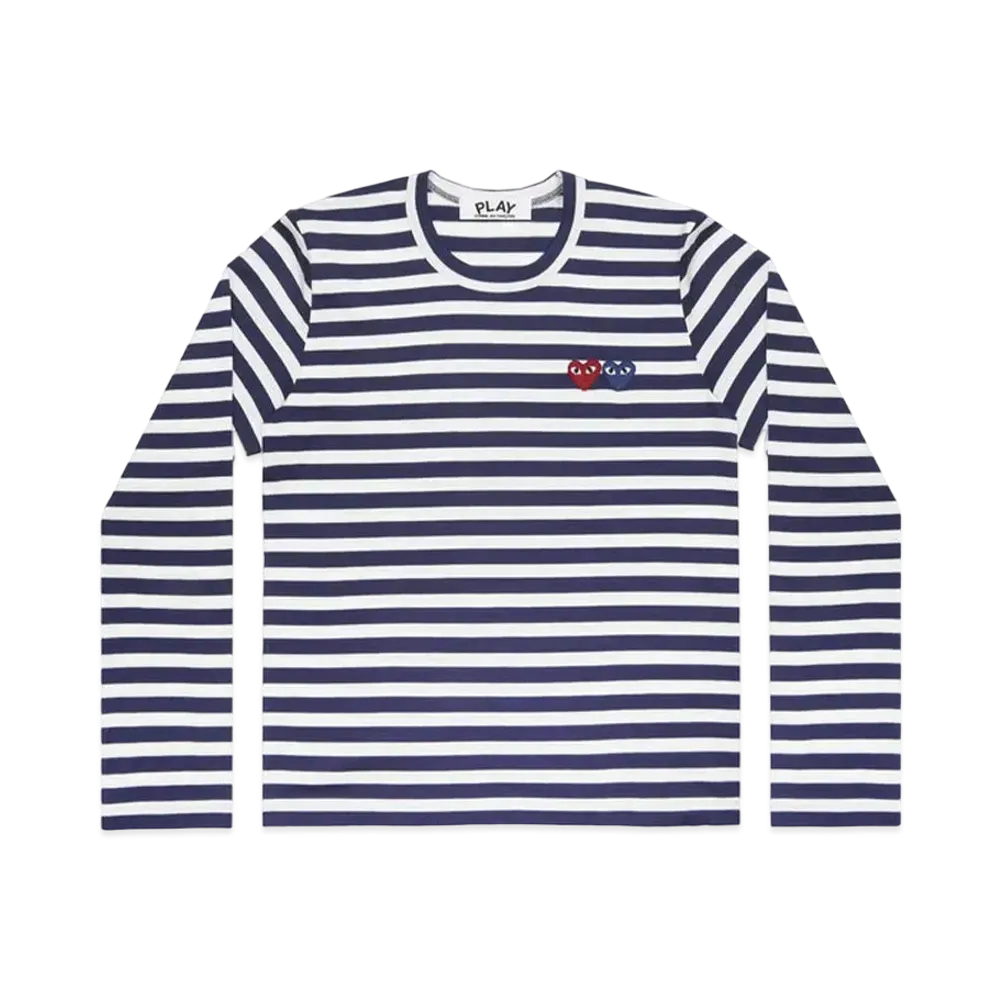 PLAY COMME des GARCONS Striped T-Shirt With Double Heart Mens "Navy/White"
