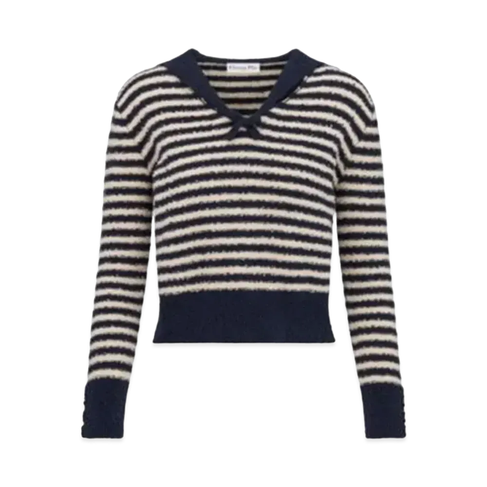 Dior Mariniere Sweater with Sailor Collar and Bow Cotton Knit "Navy Blue/White"